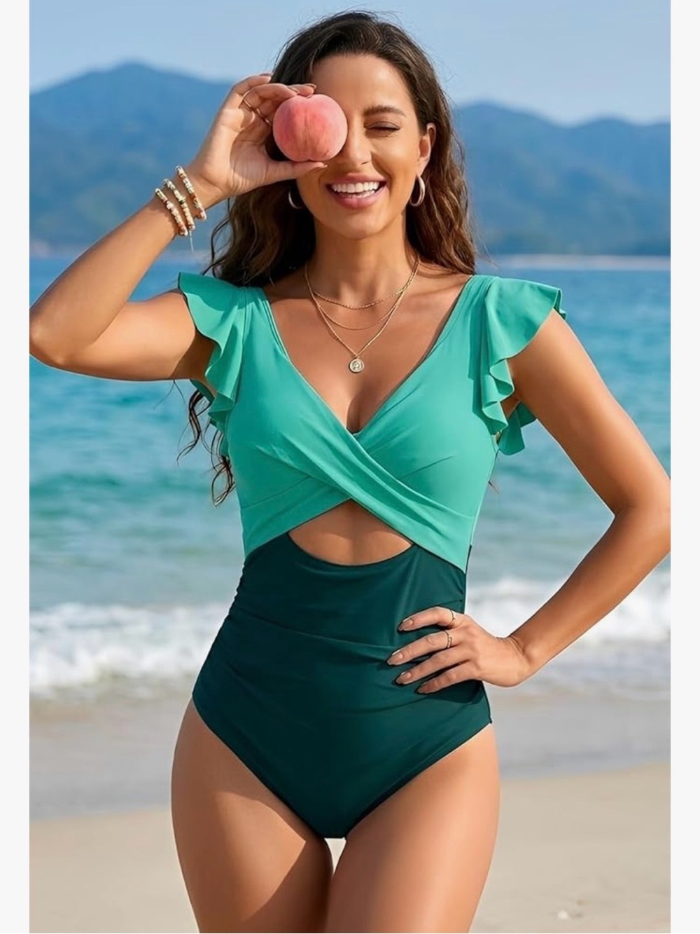 NWOT Small Green Colorblock Ruffle Sleeve One-Piece Swimsuit from Amazon